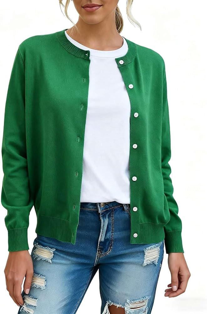 OYOANGLE Women's Button Front Lightweight Sweater Tops Crew Neck Elegant Long Sleeve Daily Cardig... | Amazon (US)