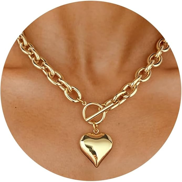 WOWORAMA Gold Chunky Chain Necklace for Women Puffy Heart Pendant Necklace White Gold Thick Chunk... | Amazon (US)