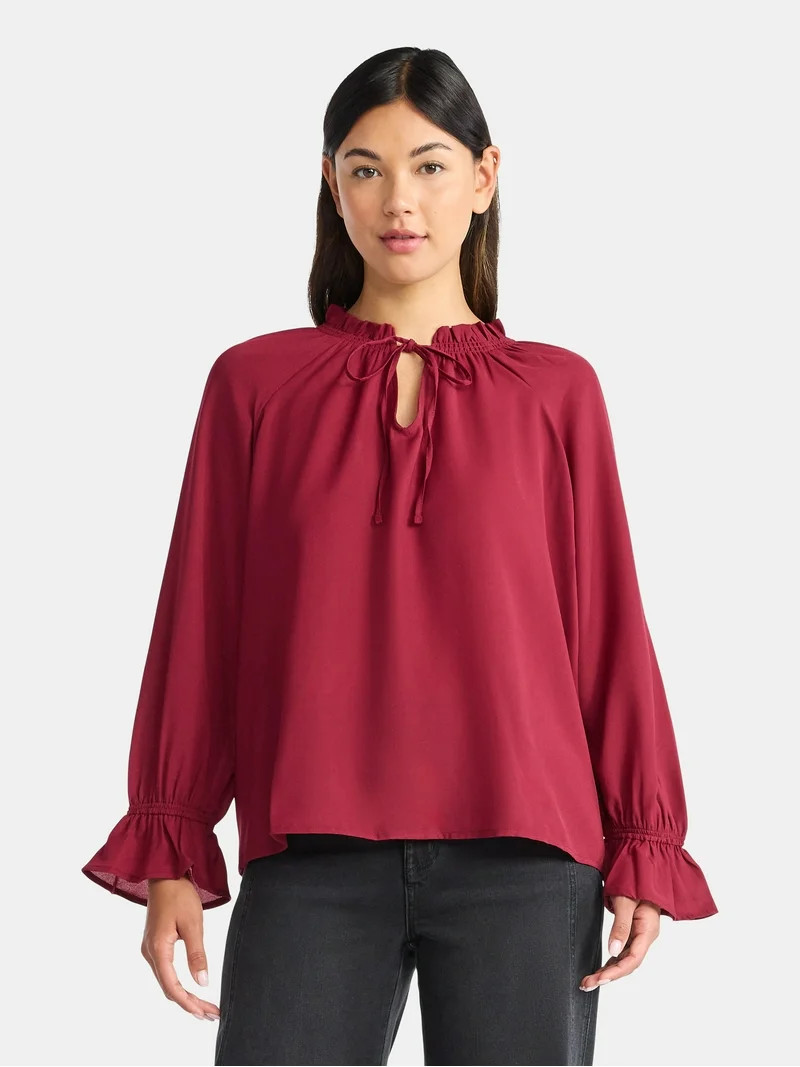 Time and Tru Women's Ruffle Neck Blouse with Long Sleeves, Size XS – XXXL | Walmart (US)