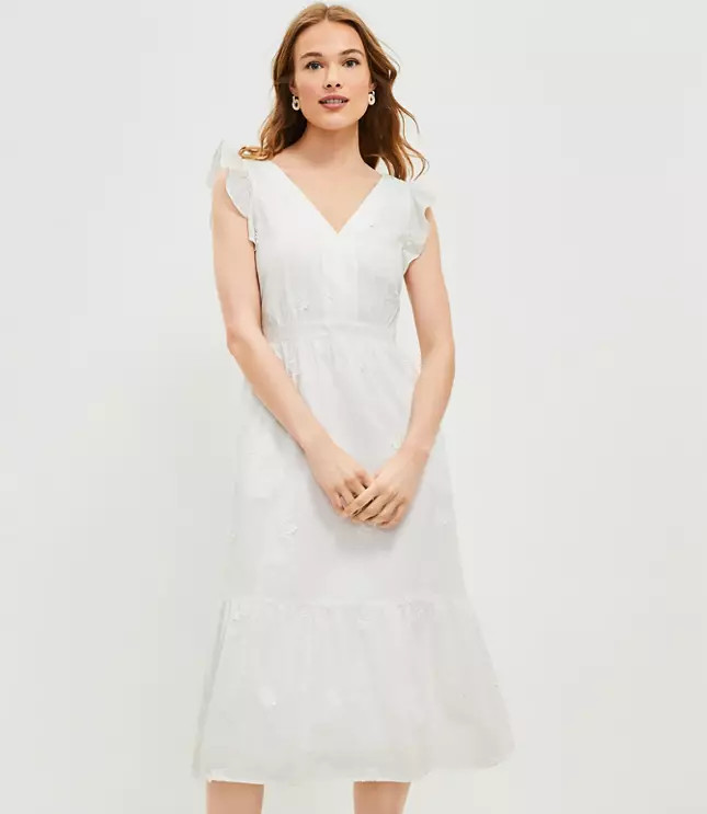 Embroidered Ruffle Midi Pocket Dress | LOFT