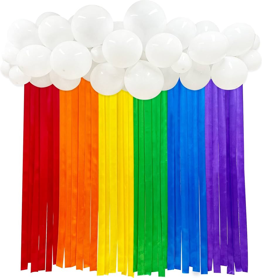 Rainbow Party Decorations Colorful Fabric Ribbon Streamer Backdrop with White Balloon Rainbow Clo... | Amazon (US)