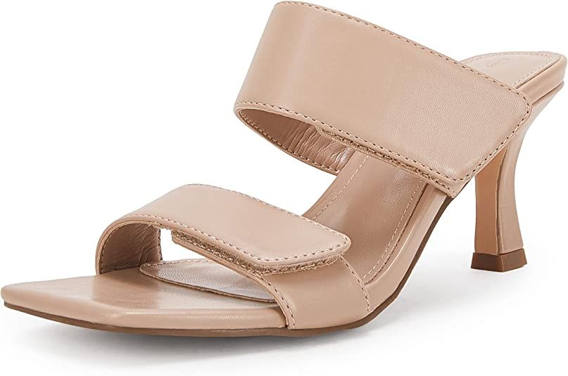 Ermonn Womens Two Strap Heeled Sandals Velcro Slip On Square Open Toe Stiletto Faux Leather Backl... | Amazon (US)