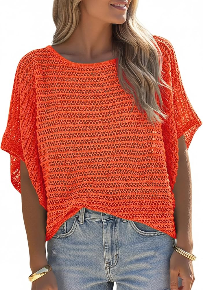 Saodimallsu Womens Crochet Tops Summer Batwing Short Sleeve Oversized Sweater Boat Neck Mesh Knit... | Amazon (US)