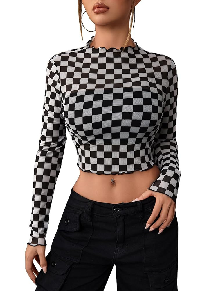 SOLY HUX Women's Plaid Sheer Mesh Tee Mock Neck Long Sleeve Lettuce Trim Crop Tops T Shirt | Amazon (US)