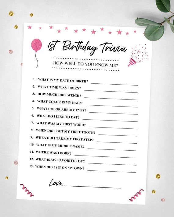 1st Birthday Trivia. How Well Do You Know Me? Party Game. Pink First Birthday Game. Instant Digit... | Etsy (US)