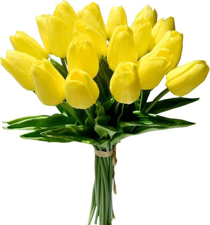 Mandy's Artificial Tulips 20 Stems Yellow PU Faux Flowers for Valentine's Day and Easter Decorati... | Amazon (US)