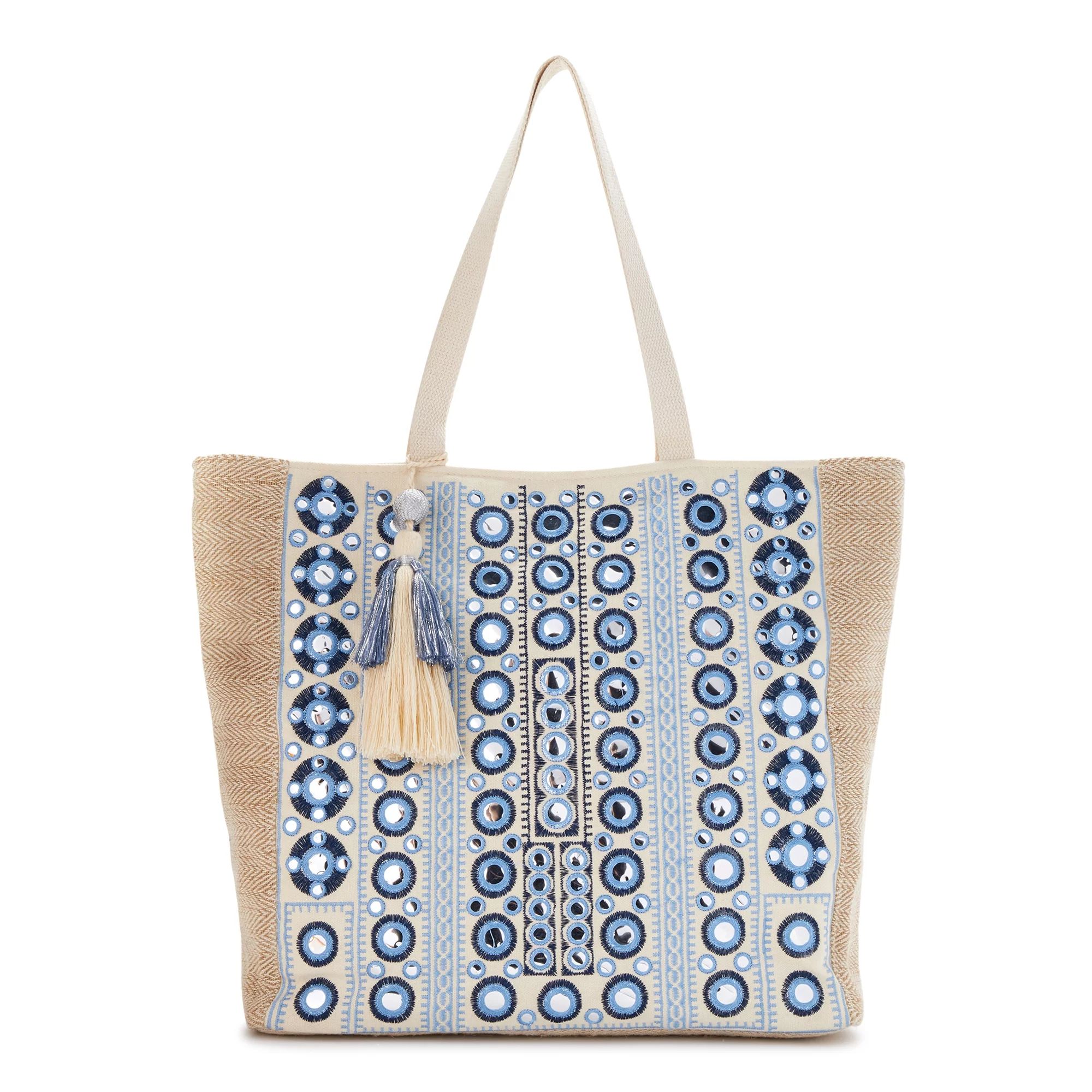 Twig & Arrow Embroidered Mirror Tote Bag with Tassel Accent and Interior Zip Pocket | Walmart (US)
