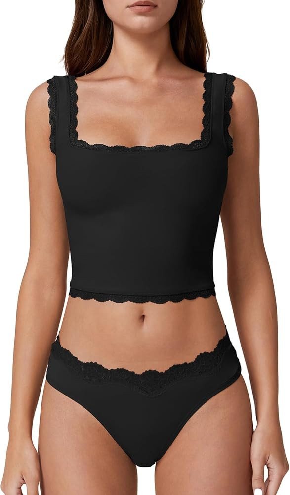 QINSEN Womens Square Neck Lace Trim Tank Tops Double Lined Slim Fit Summer Going Out Y2k T Shirts | Amazon (US)