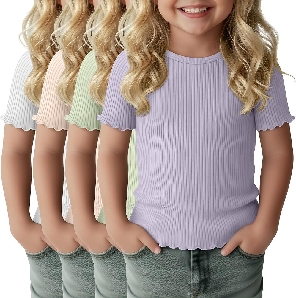 4 Pack Toddler Girls Ribbed Short Sleeve T-Shirts Crewneck Fitted Baby Lettuce Trim Top Plain Cut... | Amazon (US)
