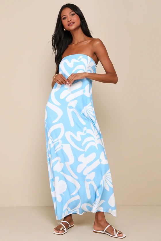 Summering in São Paulo Light Blue Abstract Strapless Maxi Dress | Lulus