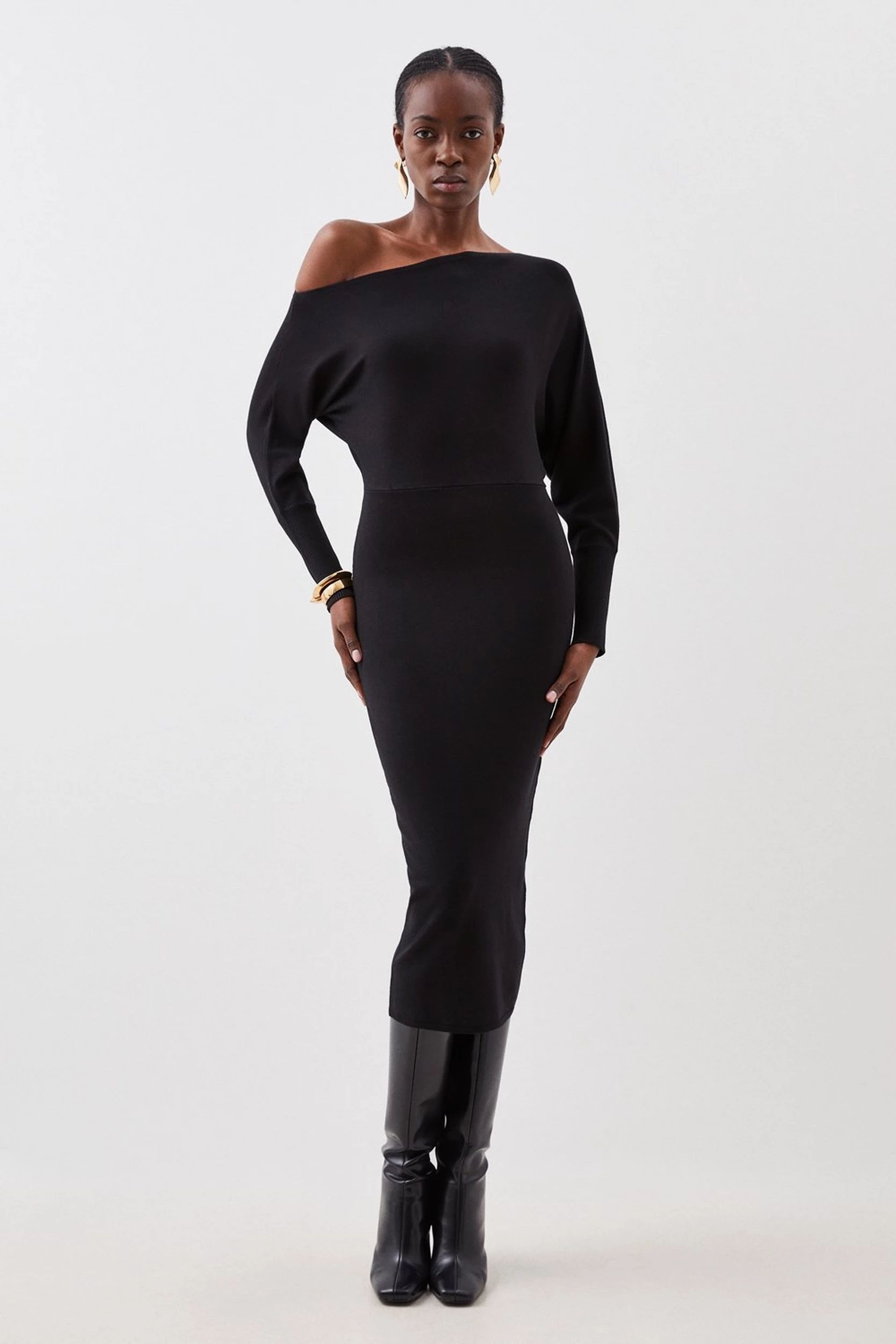 Viscose Blend Knit Asymmetric Neck Midi Dress | Karen Millen UK + IE + DE + NL