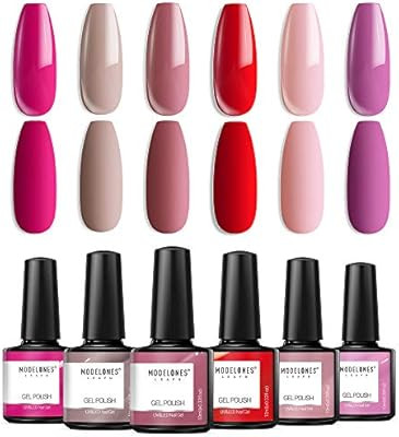 Modelones Gel Nail Polish Set - Nude Pink Series 6 Colors Nail Art Set, Rose Red Hot Pink U V LED... | Amazon (US)