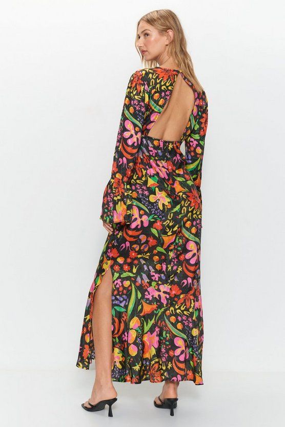 Petite Mixed Floral Flute Sleeve Jacquard Midi Dress | Warehouse UK & IE