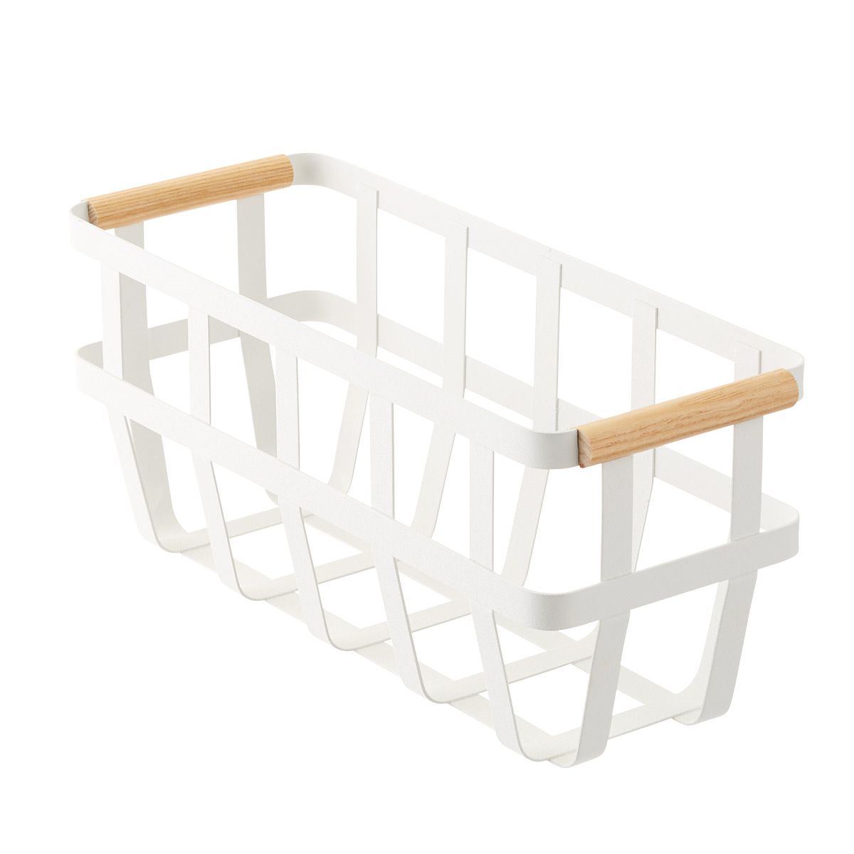 Yamazaki Slim Tosca Basket w/ Wooden Handles White/Natural | The Container Store