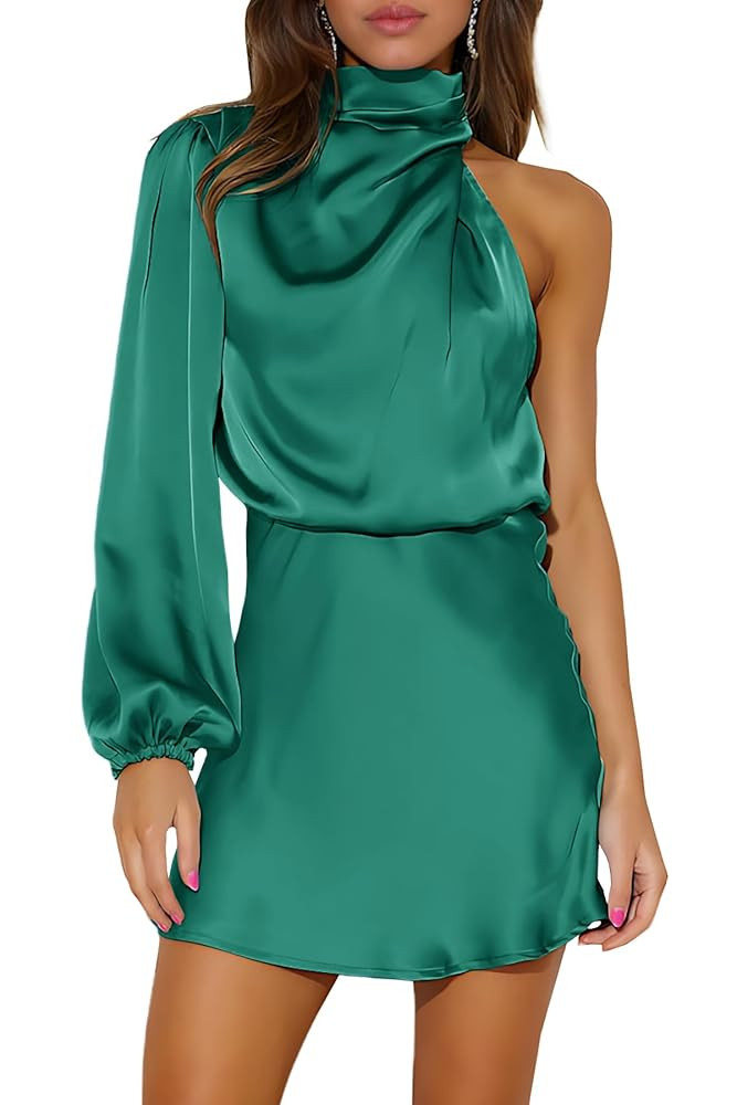 Ferlema Women's Satin Cocktail Dresses Mock Neck One Shoulder Long Sleeve High Waist Wedding Gues... | Amazon (US)
