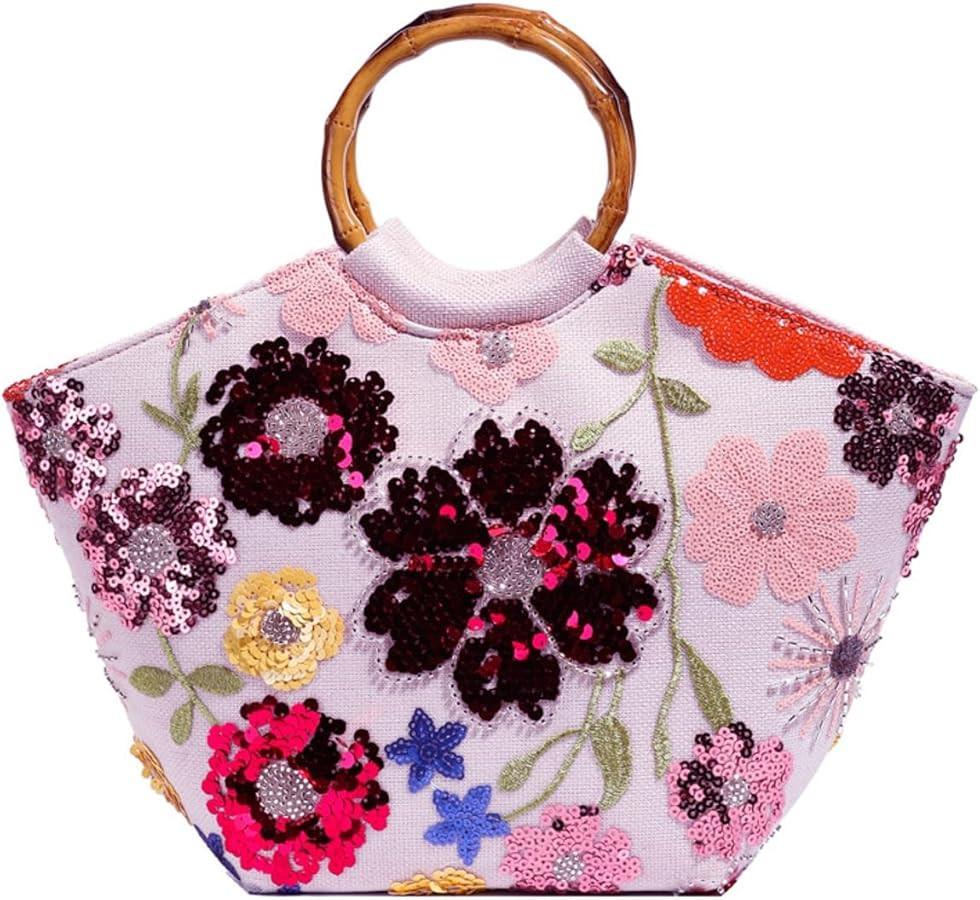 Sequin Embroidered Floral Tote for Women Beach Bag with Bamboo Handle Summer Shoulder Handbag for... | Amazon (US)