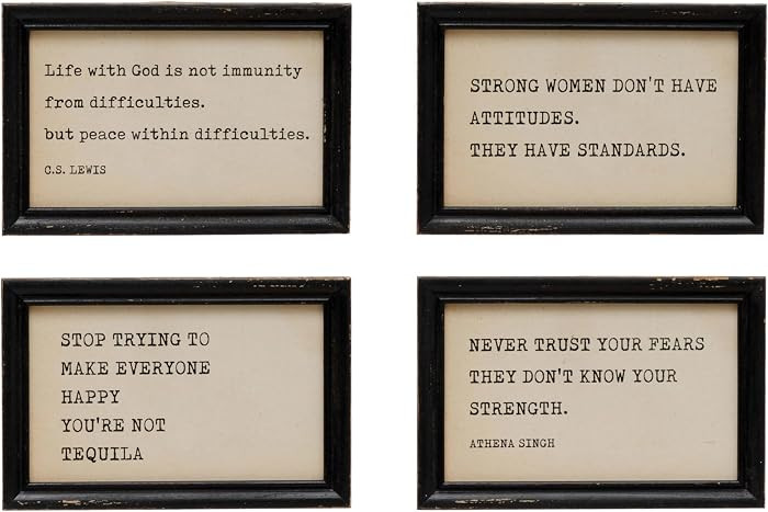 Creative Co-Op Metal and Glass Table Frames with Inspirational Quotes, Cream and Black, Set of 4 | Amazon (US)