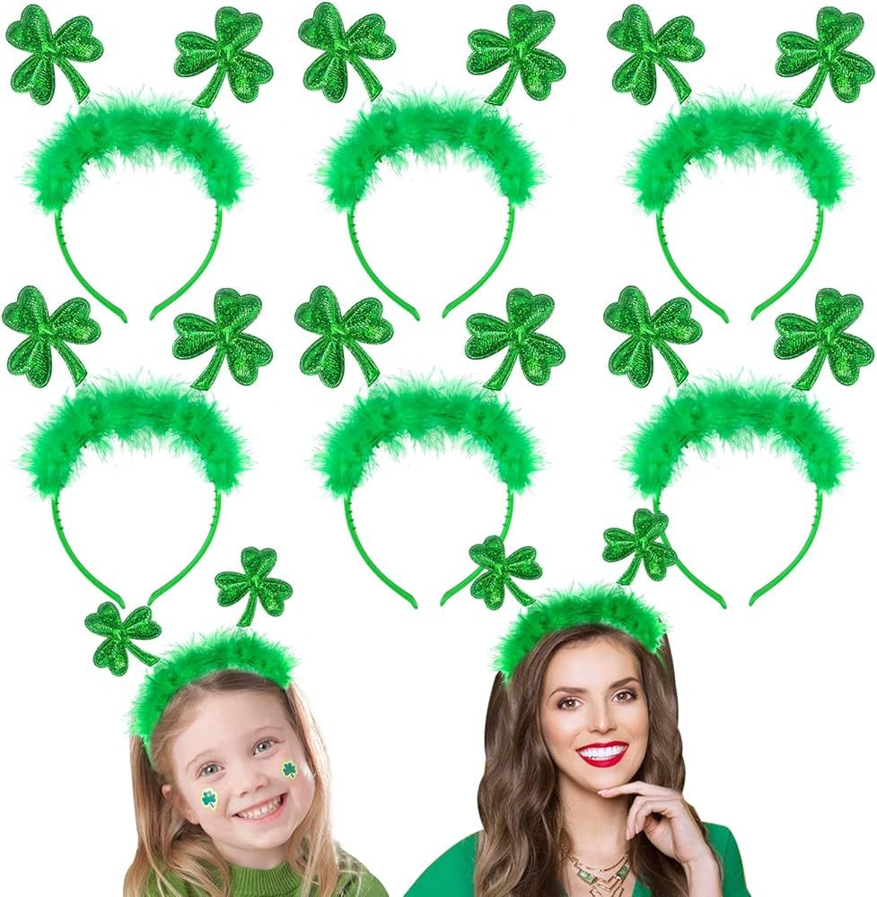 Camlinbo 6 Pack St. Patrick's Day Shamrocks Feathered Headbands Accessories, Green Clover Boppers He | Amazon (US)
