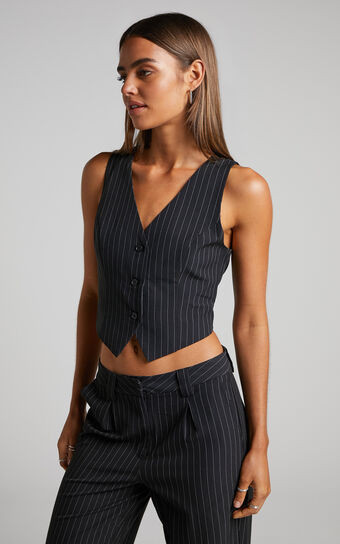 Queennie Waistcoat - Button Through Top in Black Pinstripe | Showpo (US, UK & Europe)