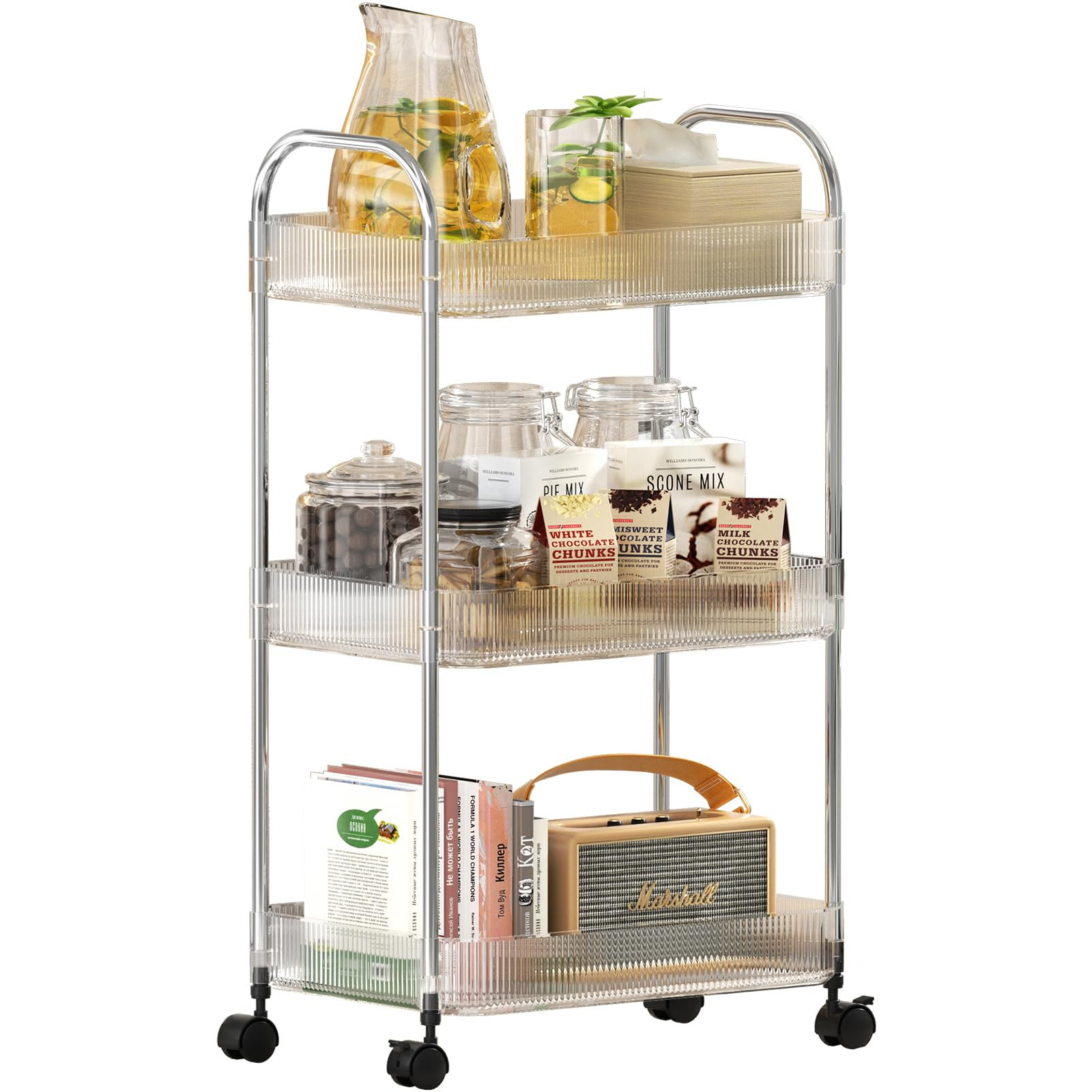 3 Tier Rolling Cart with Lockable Wheels, Clear Acrylic Utility Trolley with Handle, Heavy-Duty S... | Amazon (US)