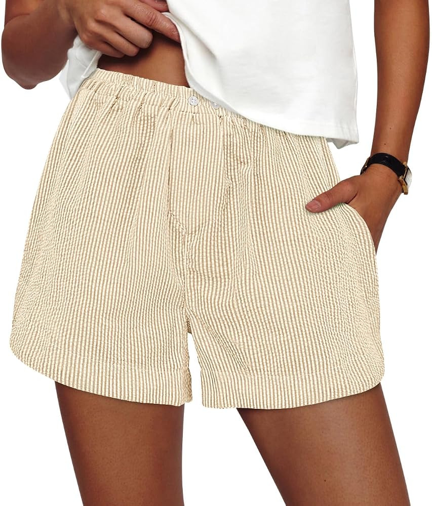 PRETTYGARDEN Women's Striped Boxer Shorts Summer 2025 Trendy Casual Elastic Waist Lounge Sleep Pa... | Amazon (US)
