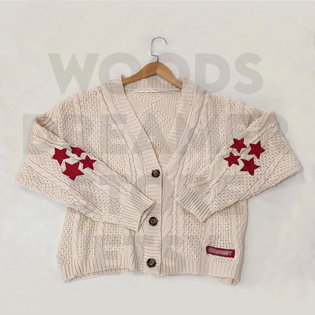 Folklore Cardigan Star Embroidered Taylor Cardigan Patches Knit Handmade Cardigan Handknit Oversi... | Etsy (US)