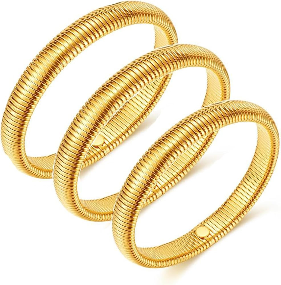 Chunky Gold Bangle Bracelets for Women Gold Silver Stretch Bangles Set Stainless Steel Wide Chain... | Amazon (CA)