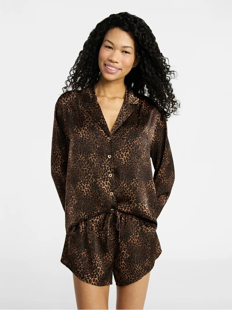 No Boundaries Sleepwear Satin Long Sleeve Button-Up Top and Shorts Set, 2-Piece, Women’s XS-XXL | Walmart (US)