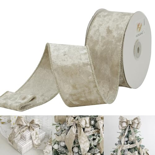 HUIHUANG Champagne Velvet Wired Ribbon 2.5 inch Double Sided Velvet Ribbon Thick Champagne Christmas Ribbon for Tree Decorations, Garlands, Wreaths, Gift Wrapping, Bows Crafts-Continuous 10 Yards | Amazon (US)