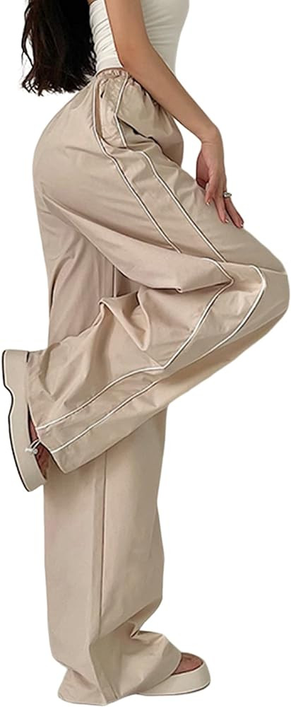 Women's Parachute Pants Baggy Track Y2K Black Elastic Waist Wide Leg Trousers | Amazon (US)
