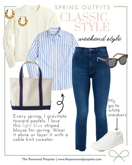 Classic style spring outfit idea. A classic style weekend look featuring a light blue striped blouse, cream cable knit sweater, navy blue LLBean tote, jeans and white sneakers. An easy and effortless look. | spring look, spring outfit, coastal grandmother, easy style, weekend look, white sneakers, mom style, classic style, preppy style, JCrew, Tretorn, Tuckernuck |

#LTKSeasonal #LTKFind #LTKstyletip