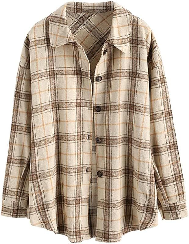 Women's Plaid Long Sleeve Shirt Button Down Wool Blend Thin Jacket Casual Blouse Tops with Pocket | Amazon (US)