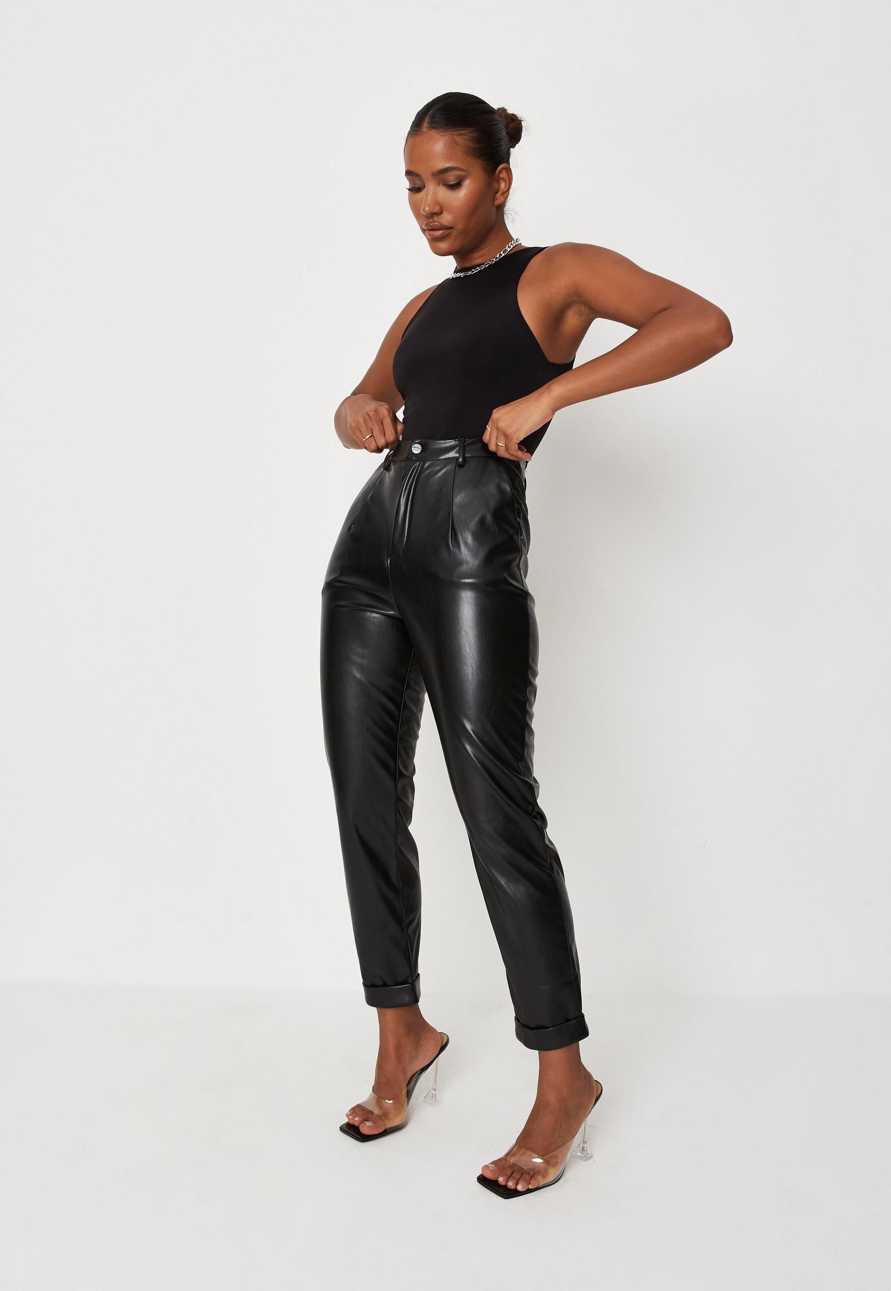 Missguided - Black Faux Leather Turn Up Cigarette Pants | Missguided (US & CA)