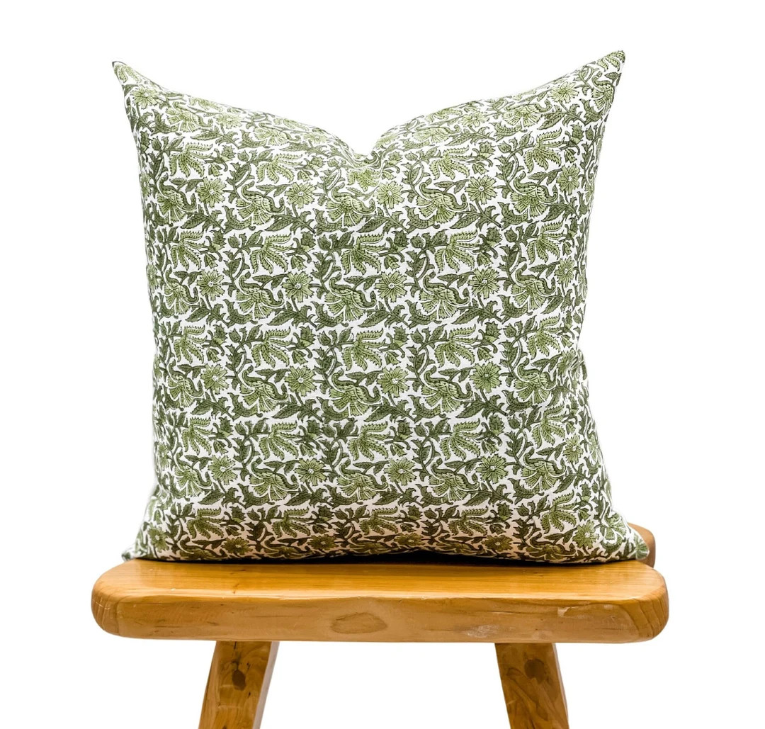 Designer Olive Green on off White Linen Pillow Cover, Green Floral Pillow Cover, Boho Pillow, Mod... | Etsy (US)