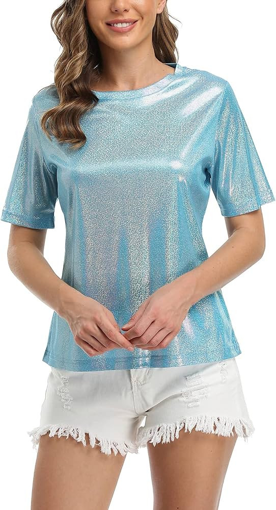 andy & natalie Women's Shiny Tops Holographic Metallic Shirt Shimmer Glitter Sparkle Party Disco ... | Amazon (US)