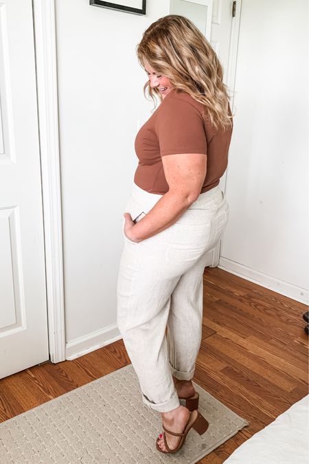 Linen pants are a spring and summer staple!  I’m wearing a large.  This tee is great too- microfiber and super soft.  Runs small- wearing an XL in the coffee color.  

#LTKWorkwear #LTKMidsize #LTKSeasonal