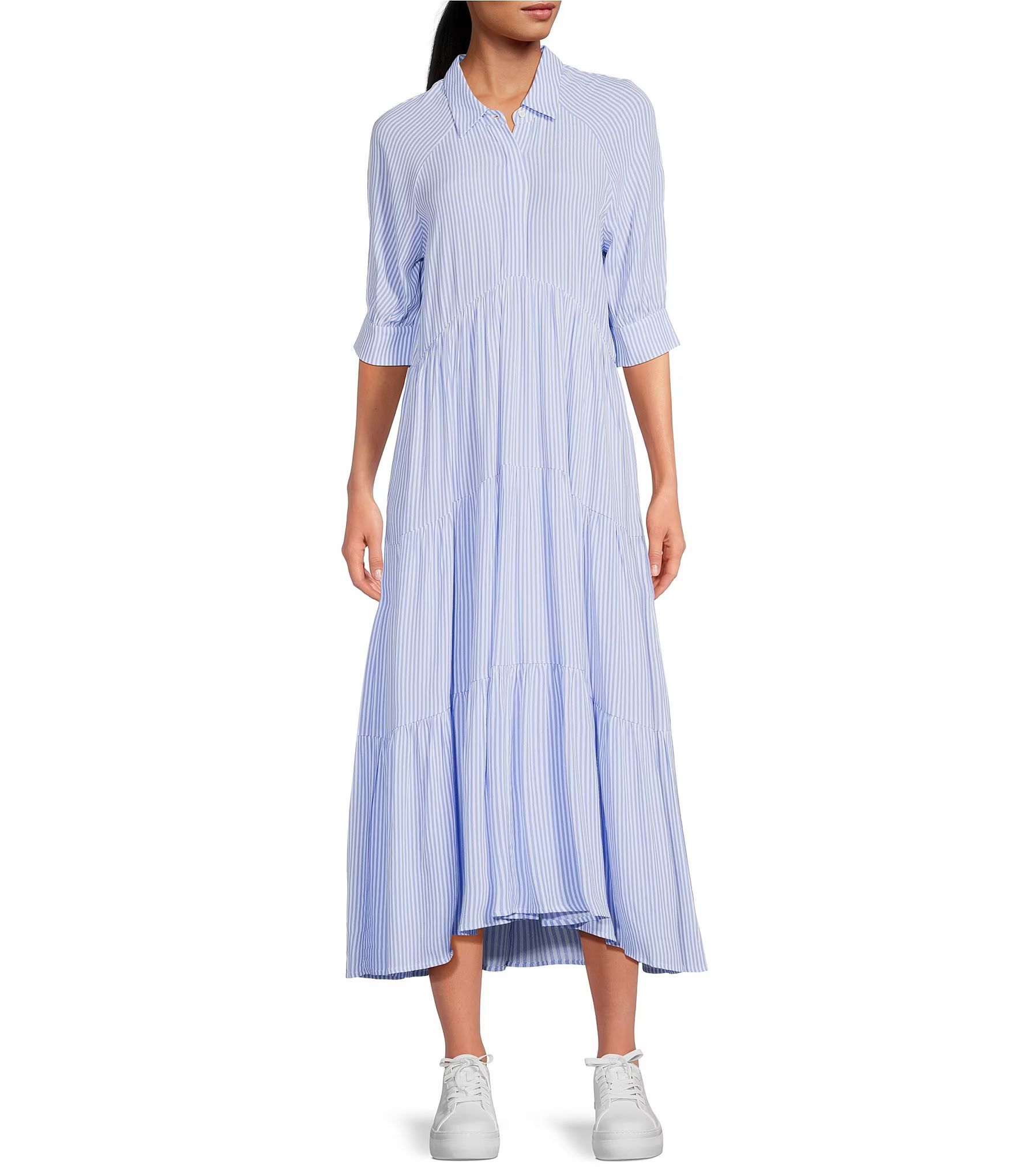 Pinstripe Print Button Point Collar 3/4 Blouson Cuff Sleeve Tiered Waistless Midi Shirt Dress | Dillard's
