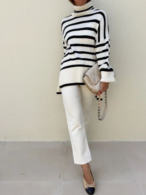 Giselle Stripe Roll Neck Sweater | Cream | Vita Grace