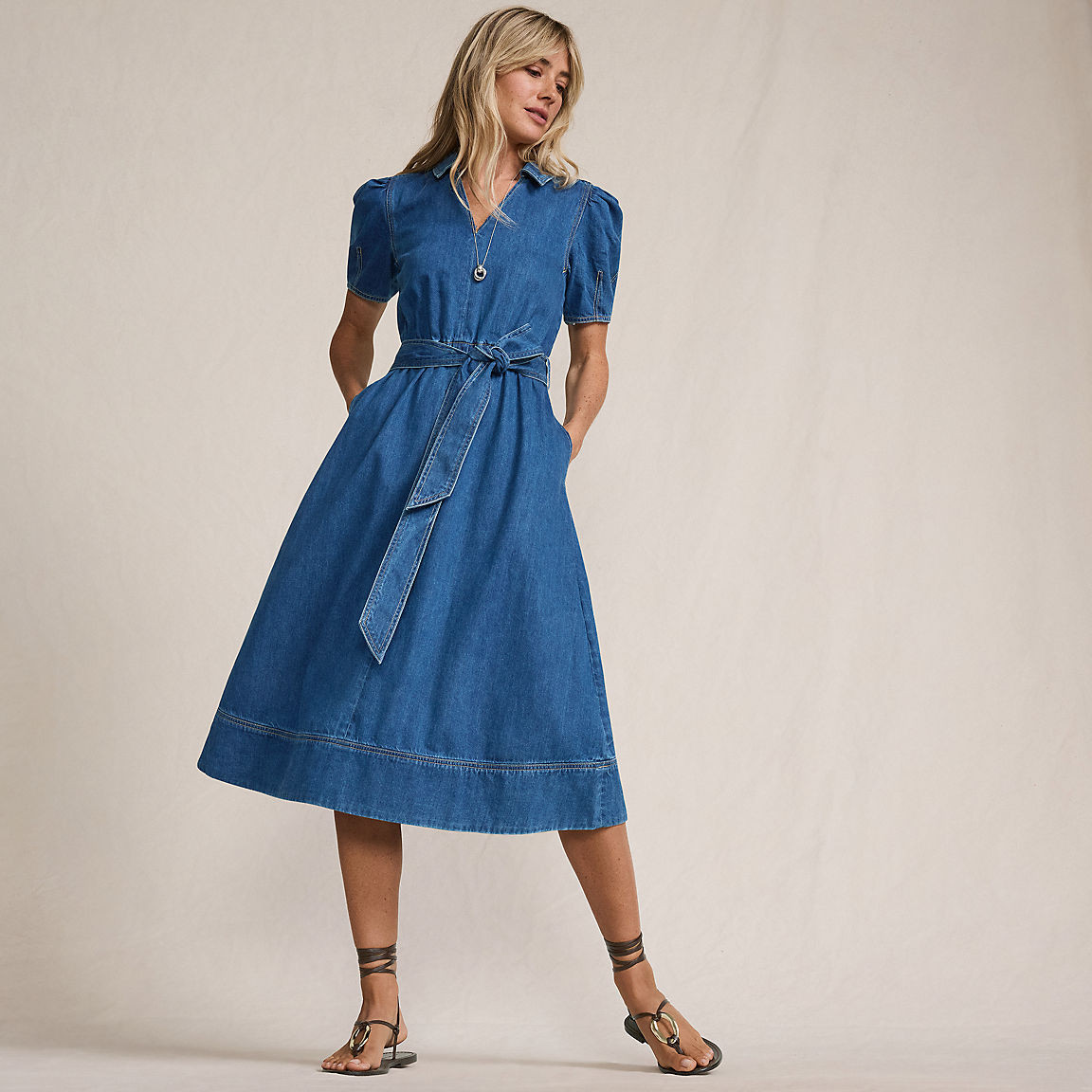 Women's Soft Denim Puff Sleeve Midi Dress | Lands' End (US)