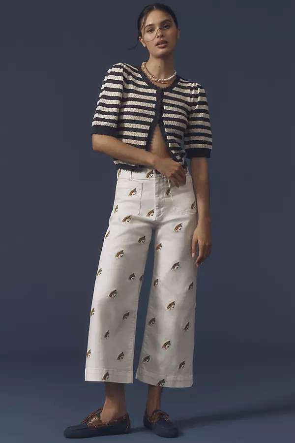 The Colette Cropped Wide-Leg Pants by Maeve: Embroidered Fishing Edition | Anthropologie (US)
