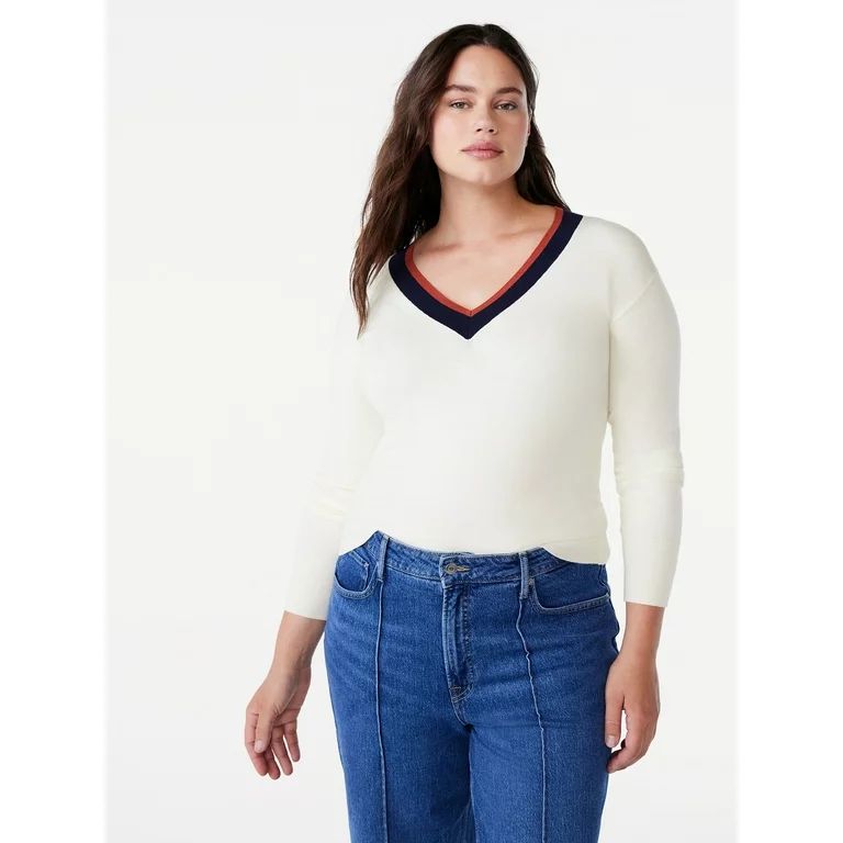 Free Assembly Women’s Contrast V-Neck Sweater with Long Sleeves, Midweight, Sizes XS-XXL | Walmart (US)