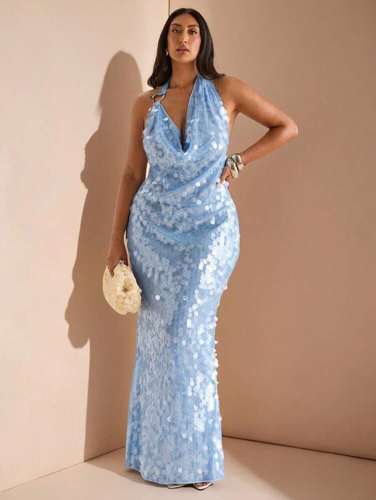 Plus Blue Halterneck Asymmetrical Metal Sequin Buckle Dress | SHEIN