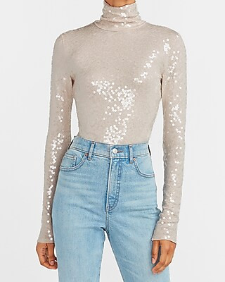 Sequin Mock Neck Long Sleeve Tee | Express