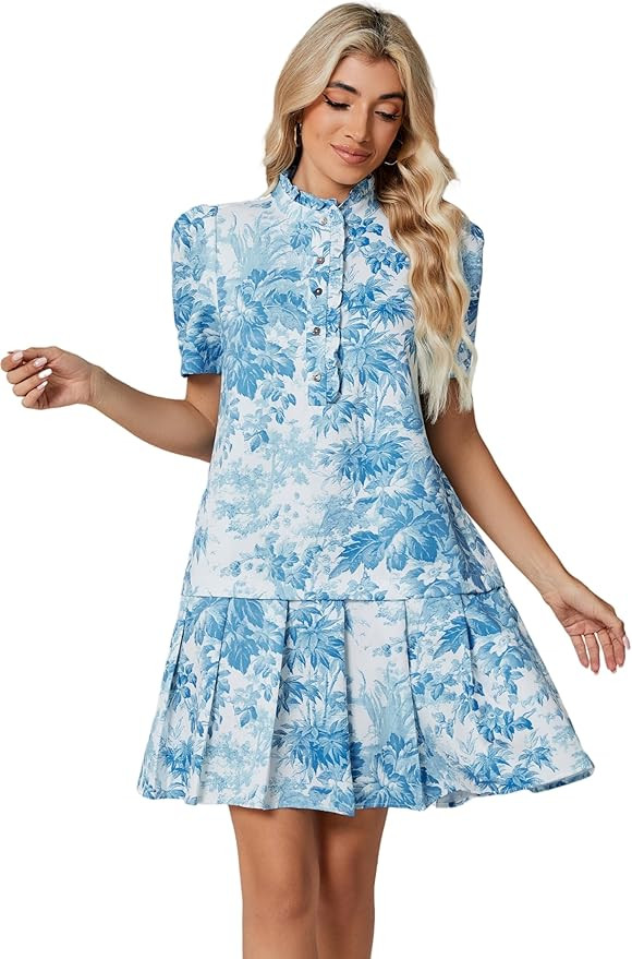 Women Floral Mini Dress Short Sleeve Stand Collar Button Up Elegant Work Swing Short Pleated Dres... | Amazon (US)