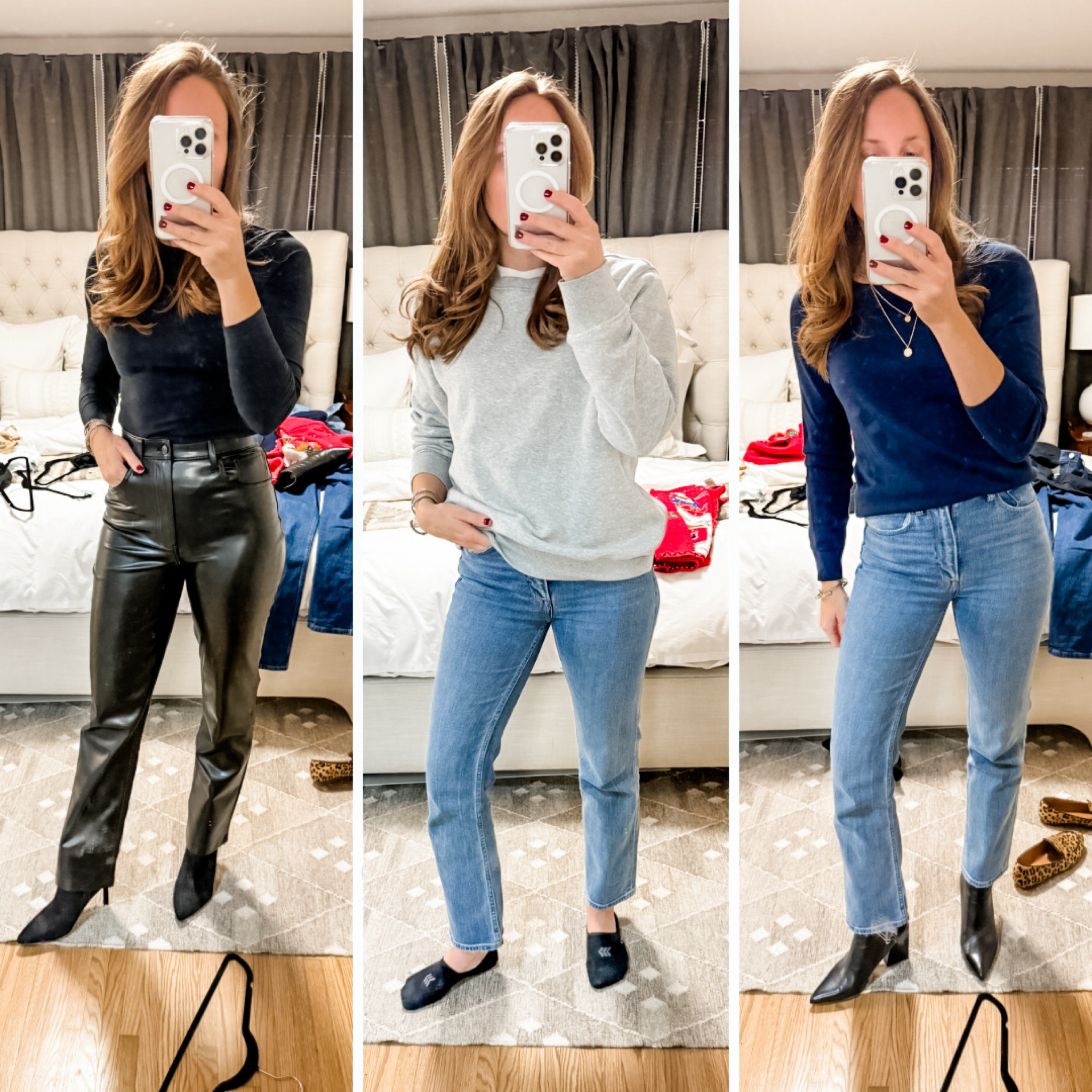 When you can decide dressy or casual or somewhere in between 🙈 Three outfits and I ended up wearing the cozy sweatshirt in the center // black leather pants // monochrome // navy sweater // magic jeans // winter capsule wardrobe // winter capsule outfits 

#LTKSeasonal