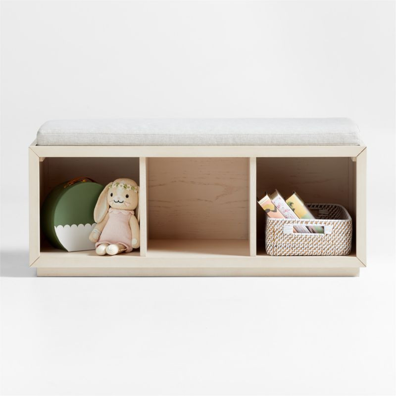 Cade Sunwashed Wood 3-Cube Bookcase with Natural Bench Cushion | Crate & Kids | Crate & Barrel