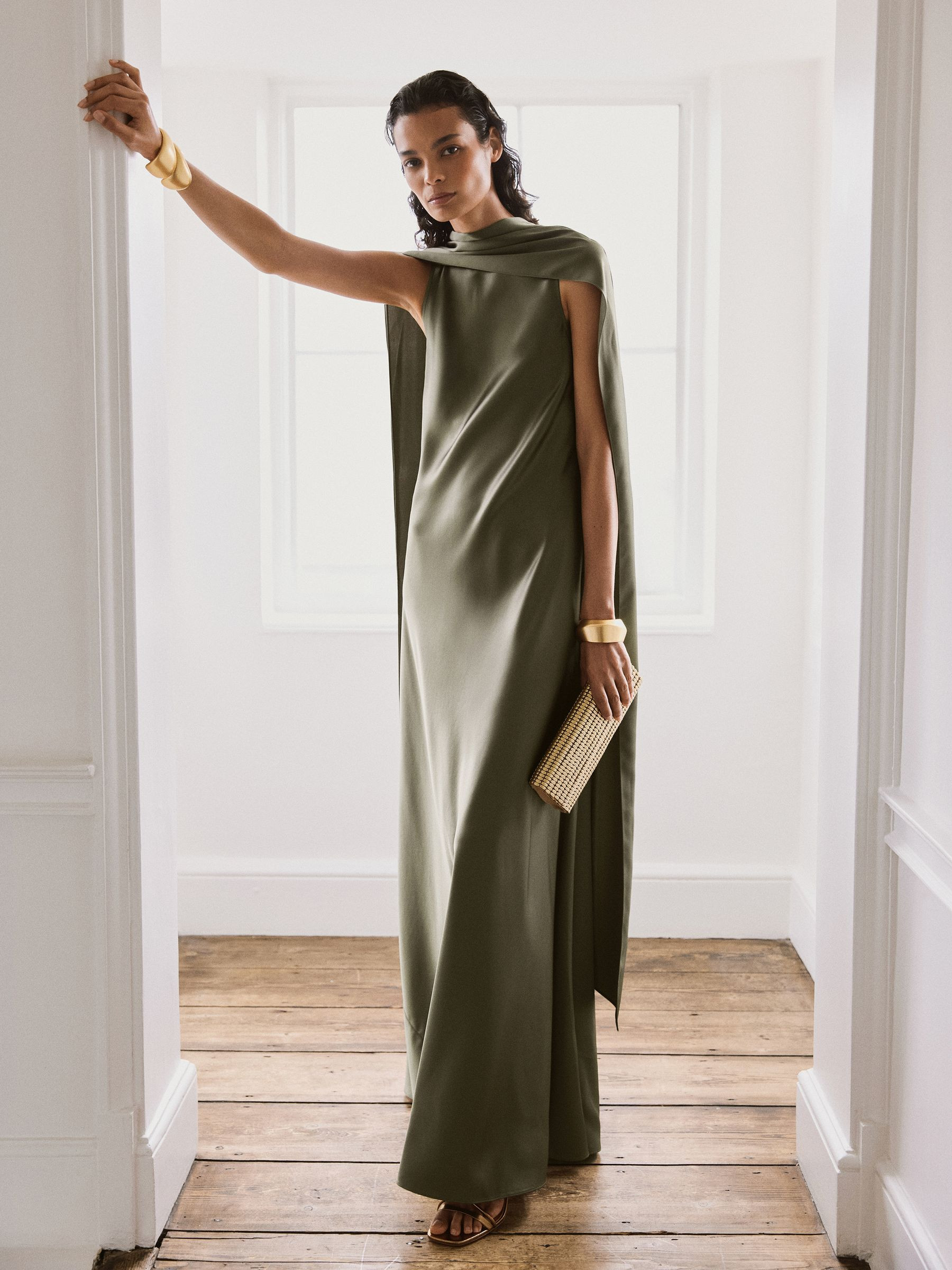 Satin Cape Maxi Dress in Khaki Green | Reiss UK