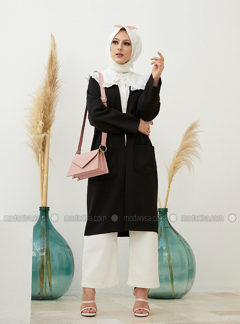 Black - Unlined - Round Collar - Jacket | Modanisa (US)