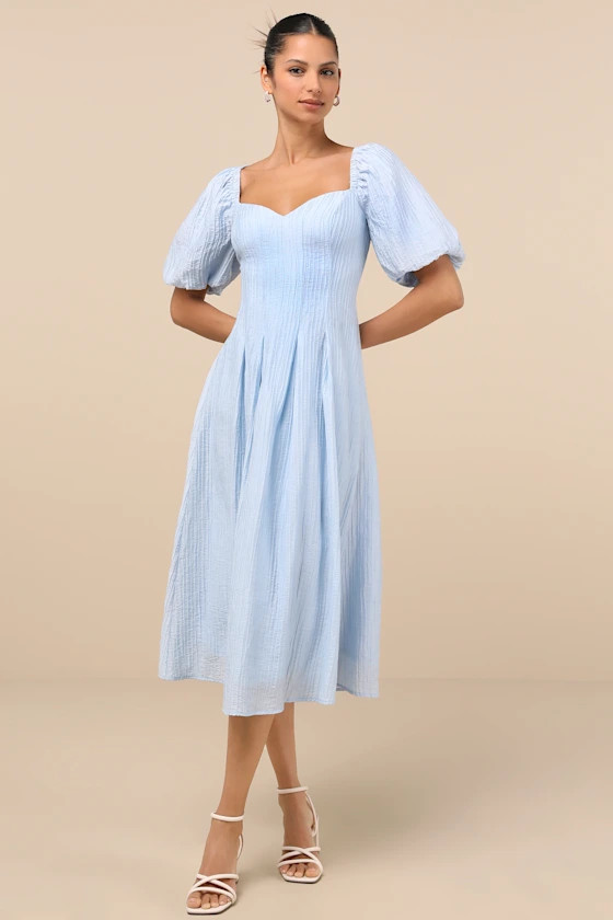 Heavenly Energy Blue Textured Puff Sleeve Pleated Midi Dress | Lulus