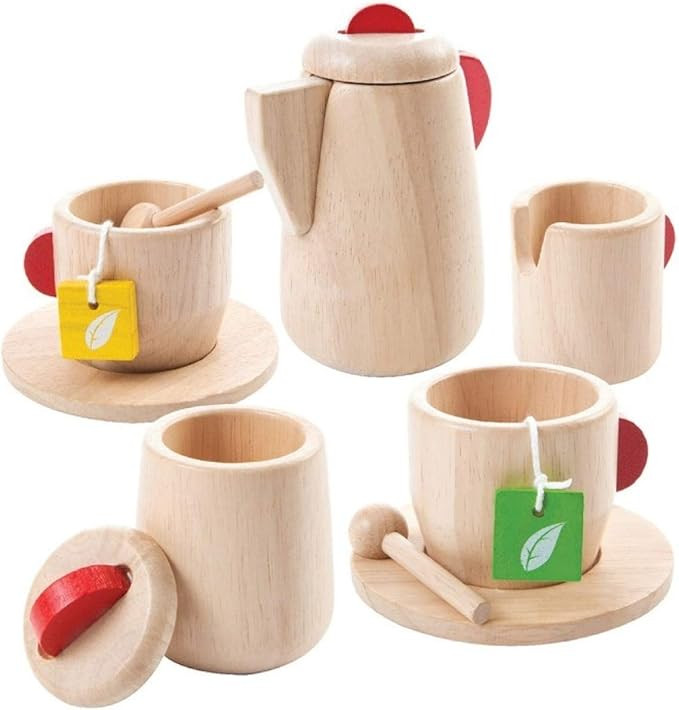 PlanToys Wooden Tea Set (3433) | Sustainably Made from Rubberwood and Non-Toxic Paints and Dyes | Amazon (US)